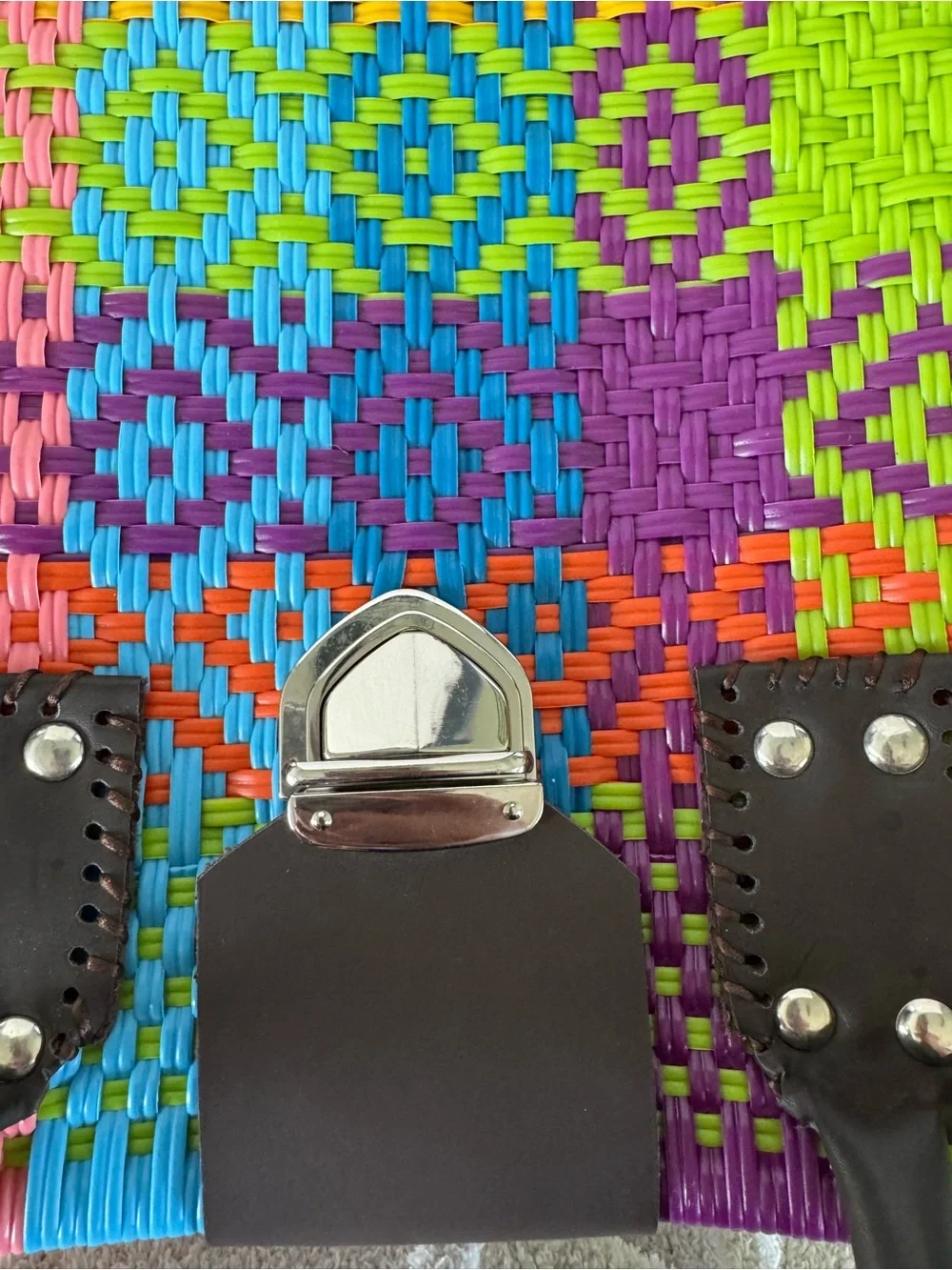 Artisan Woven Tote Bag multicolor with Dark Brown Handles - Picture 3 of 7